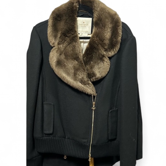 Kate Spade Trina Brown Faux Fur Black Bomber Jacket Gold Classic OldMoney - Picture 1 of 10